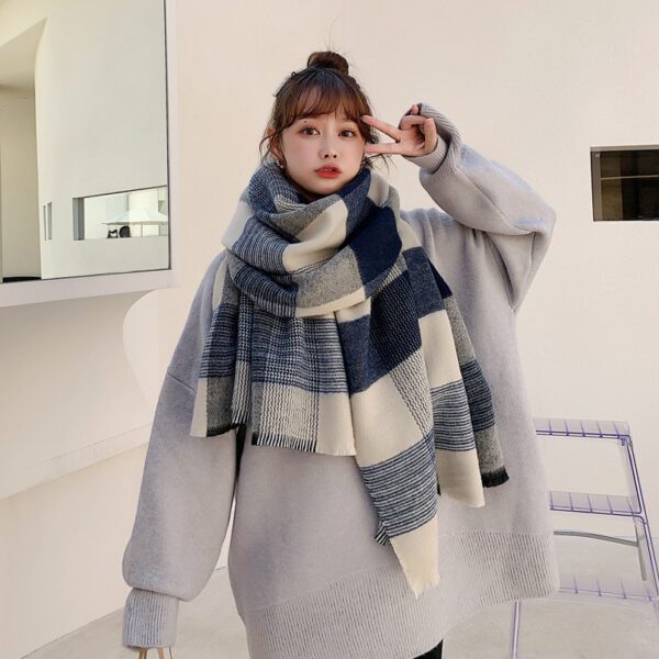 Women's Japanese-style White And Blue Plaid Scarf - Image 3