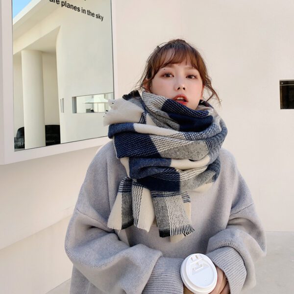 Women's Japanese-style White And Blue Plaid Scarf - Image 2