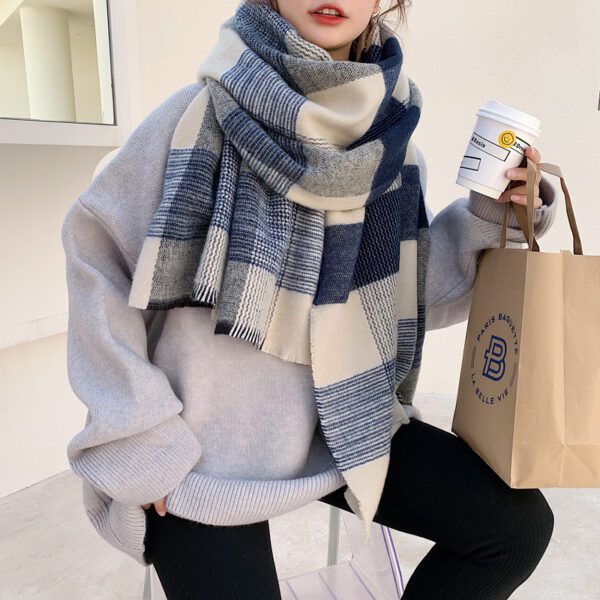 Women's Japanese-style White And Blue Plaid Scarf - Image 6