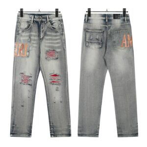 New Letter Printing Hole Embroidery Washed Straight-leg Pants