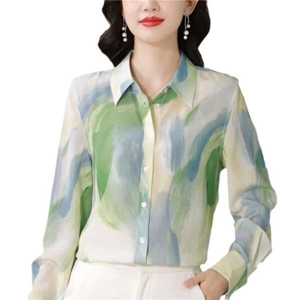 Chinese Ink Painting Style Printed Faux Silk Shirt - Image 5