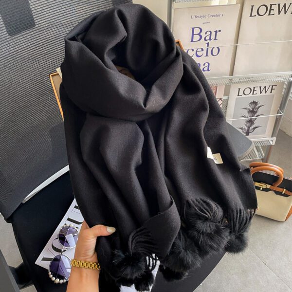 Beige Artificial Cashmere Scarf Fur Ball Winter Warm Tassel Shawl - Image 7