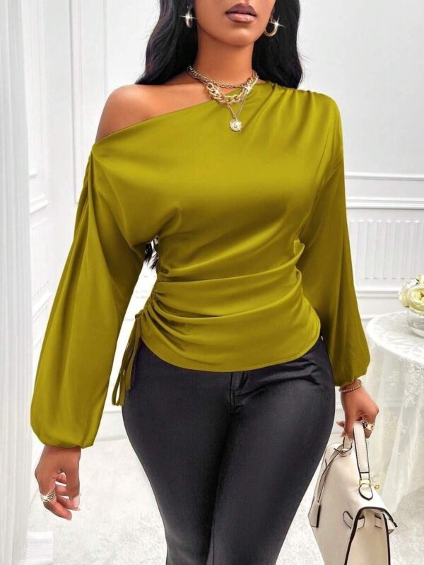 Women's Satin Shirt Asymmetric Long Sleeve Diagonal Collar Shirt Top - Image 9