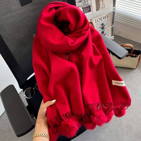 Beige Artificial Cashmere Scarf Fur Ball Winter Warm Tassel Shawl - Image 8