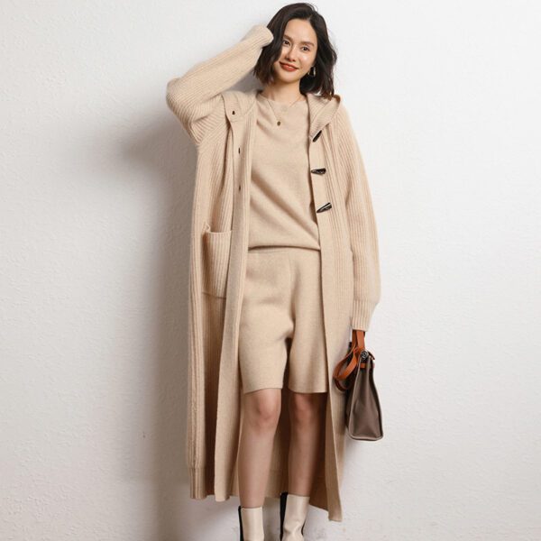 Long Below Knee Thickening Hooded Sweater Horn Button Trench Coat - Image 4