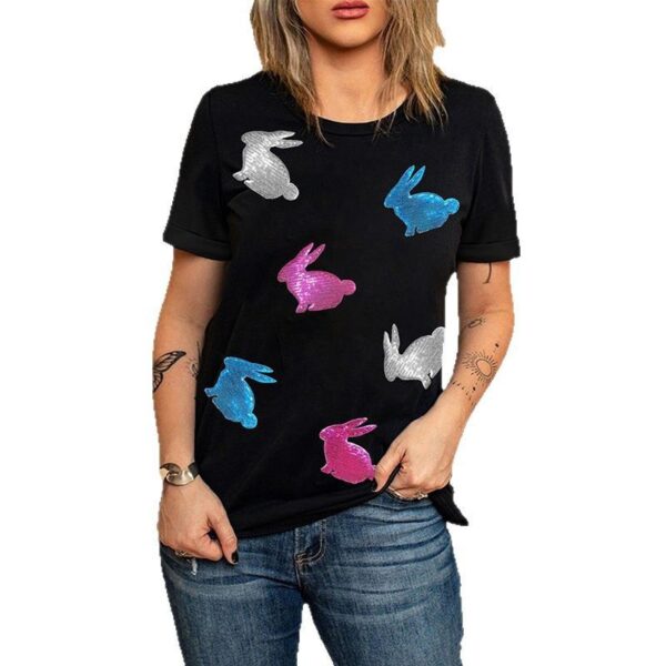 Neck Short Sleeve Pullover Personality Trend Sequin Stitching T-shirt - Image 6