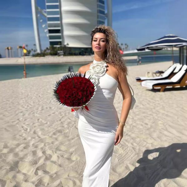 New Style White Ribbon Flower Halter Long High Sense Dress - Image 3
