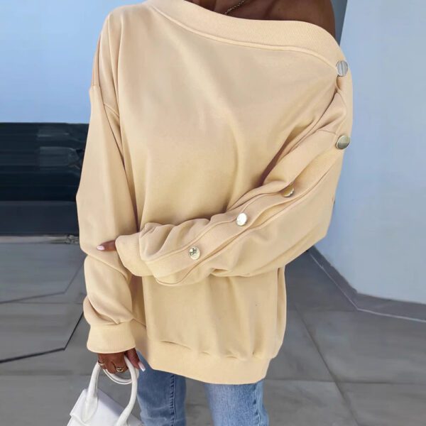 Asymmetric Neckline Button Sleeve Drop-shoulder Sweatshirt