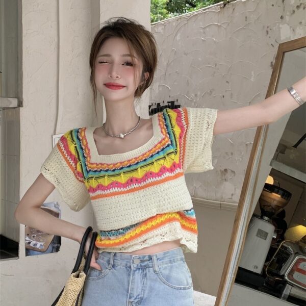 Summer Slim Chic Contrast Color Stripes Square Collar Short Sleeve - Image 2