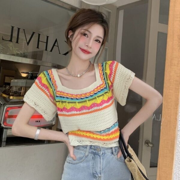 Summer Slim Chic Contrast Color Stripes Square Collar Short Sleeve - Image 3