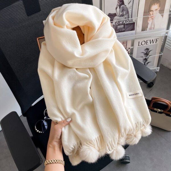 Beige Artificial Cashmere Scarf Fur Ball Winter Warm Tassel Shawl - Image 10