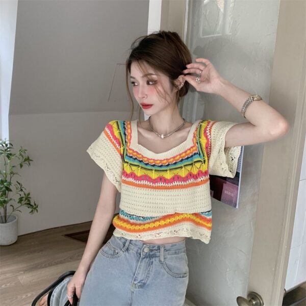 Summer Slim Chic Contrast Color Stripes Square Collar Short Sleeve - Image 4