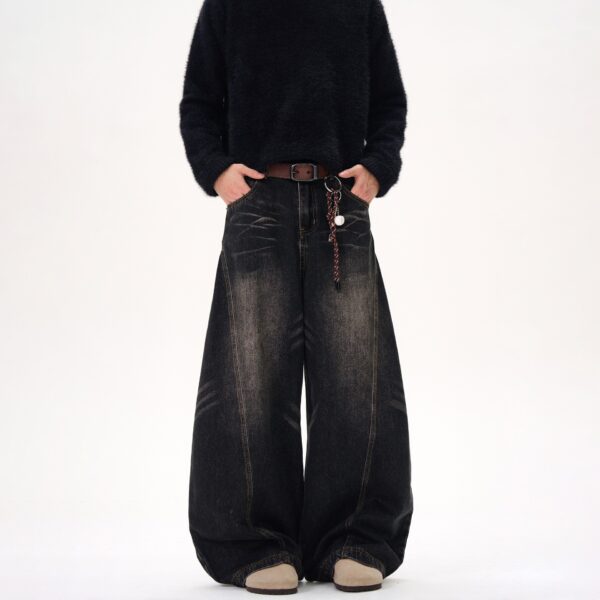 Retro Washed Cat Beard Design Black Machete Jeans - Image 3