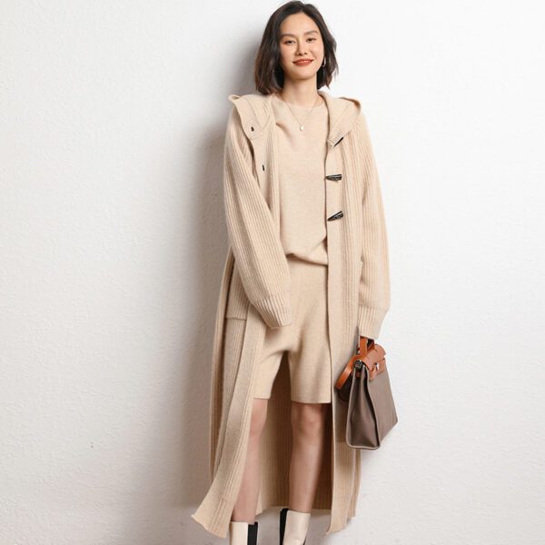 Long Below Knee Thickening Hooded Sweater Horn Button Trench Coat - Image 6