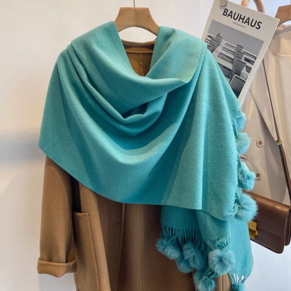 Beige Artificial Cashmere Scarf Fur Ball Winter Warm Tassel Shawl - Image 5
