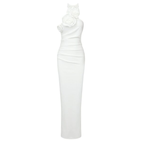 New Style White Ribbon Flower Halter Long High Sense Dress - Image 5