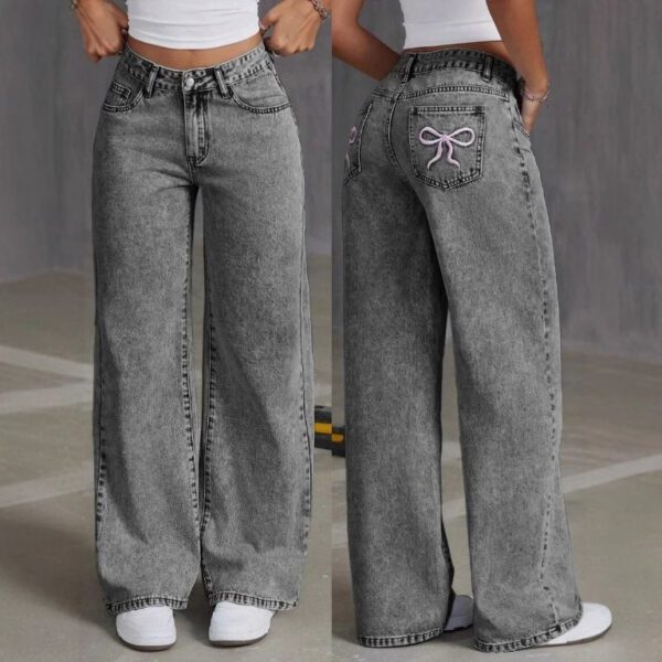 Vintage Bow Embroidered Washed Jeans For Women Straight Loose Trousers - Image 2