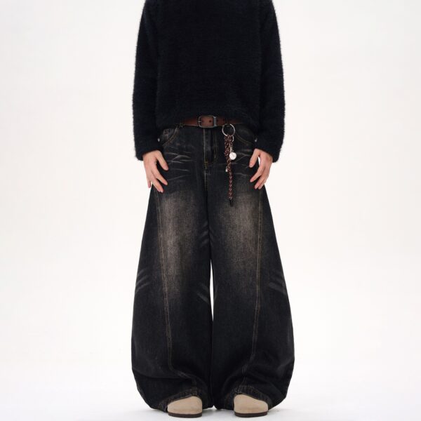 Retro Washed Cat Beard Design Black Machete Jeans