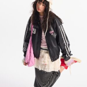 Women's Street Black Lace Love Number Embroidered Lapel Jacket