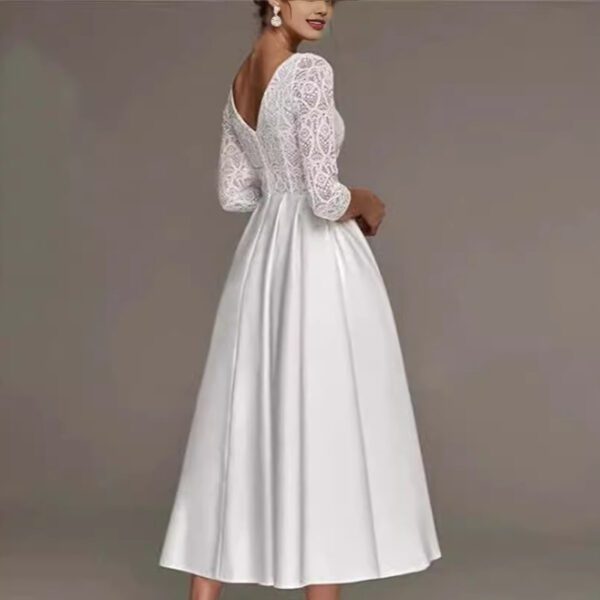 Bridal Deep V-neck Slim Lace Mid-length Long Sleeve Wedding Dress - Image 2