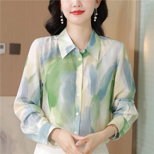 Chinese Ink Painting Style Printed Faux Silk Shirt - Image 2