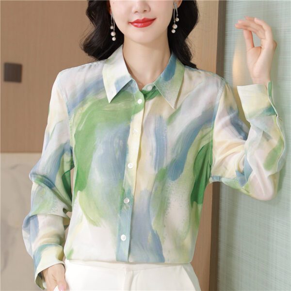 Chinese Ink Painting Style Printed Faux Silk Shirt - Image 4