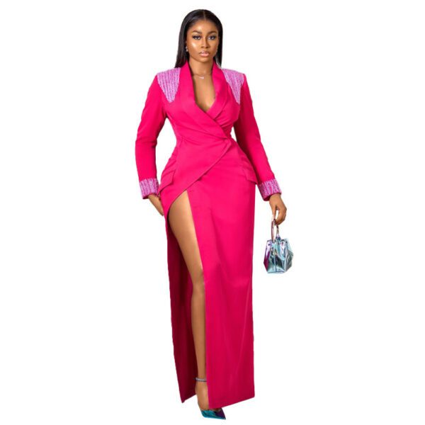 Rose Red Suit Collar Deep V Split High Waist Dress - Image 6