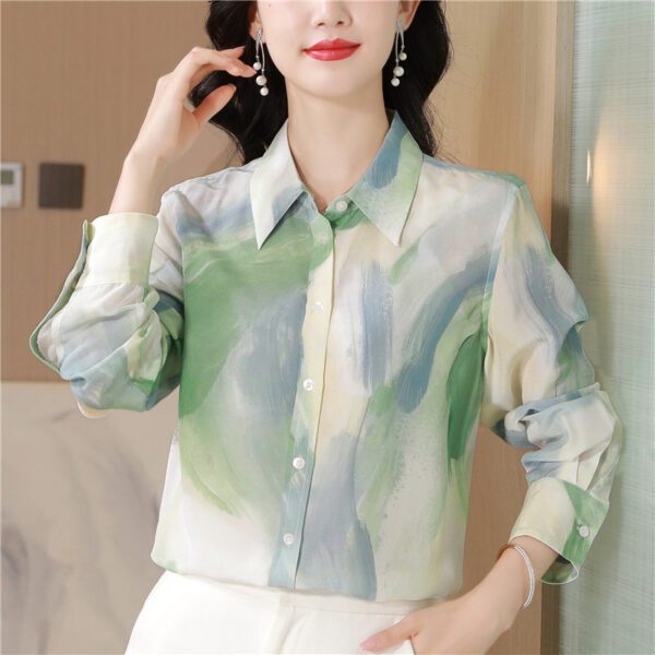 Chinese Ink Painting Style Printed Faux Silk Shirt - Image 3